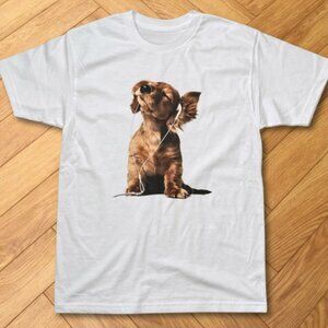 Cute Dog Listening To Music Graphic T Shirt White Puppy Lover Tee